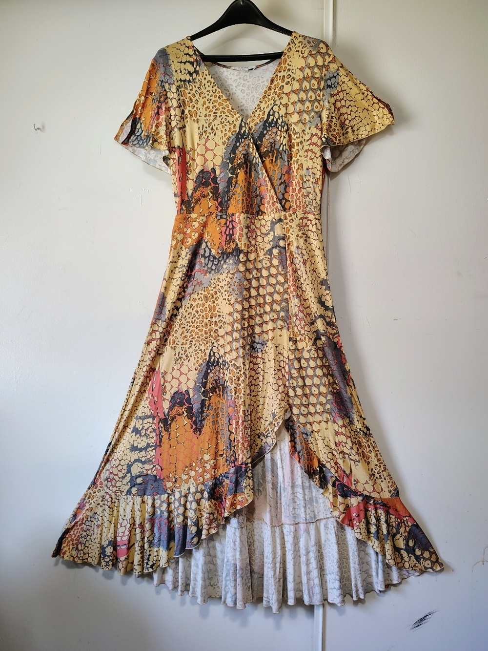 Lascana Maxi Dress — Multi-printed orange asymmetrical Ruffles side slit sz M. - Picture 2 of 16
